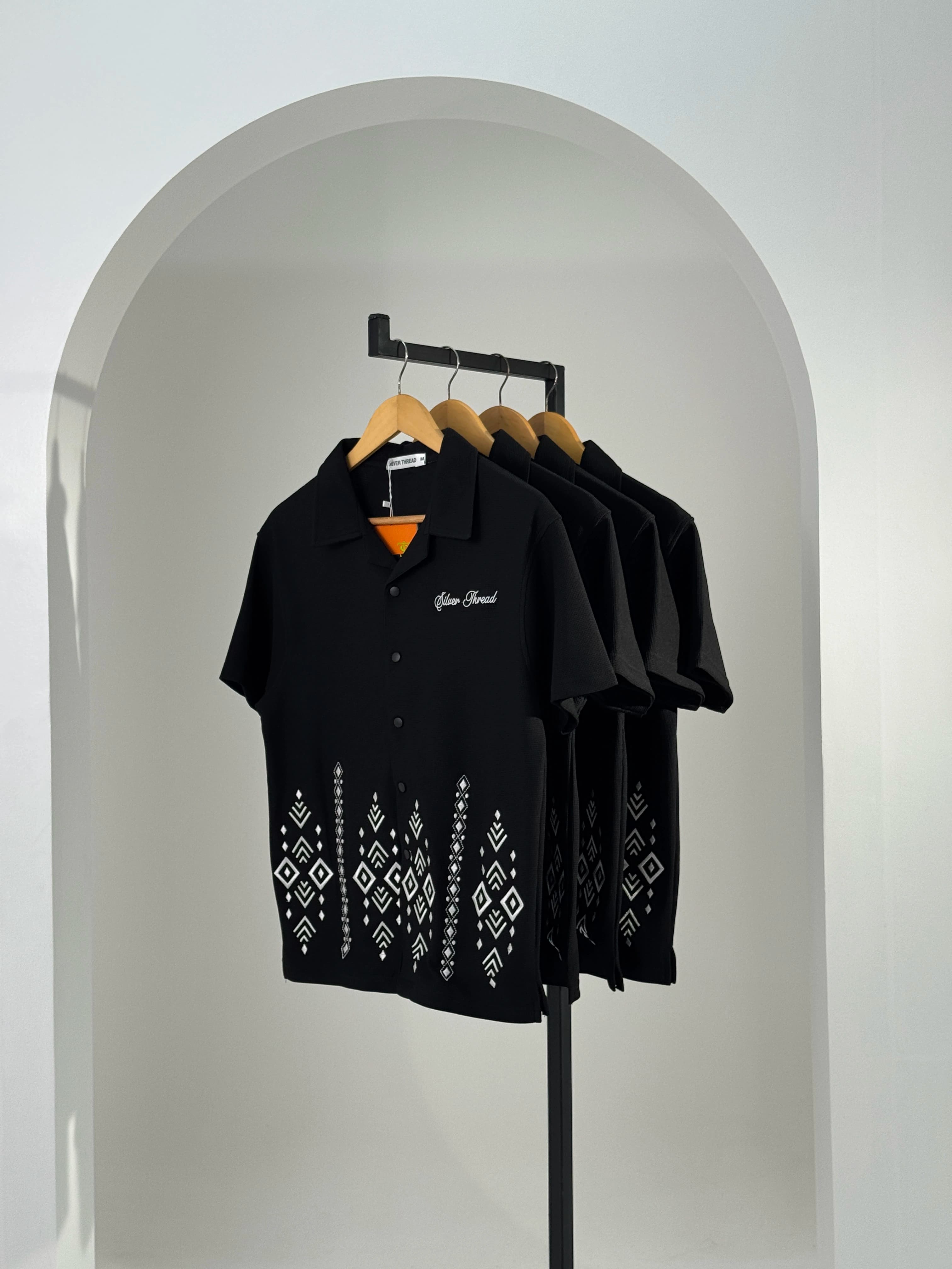 Half Sleeve Embroidered Boxy Shirt in Black