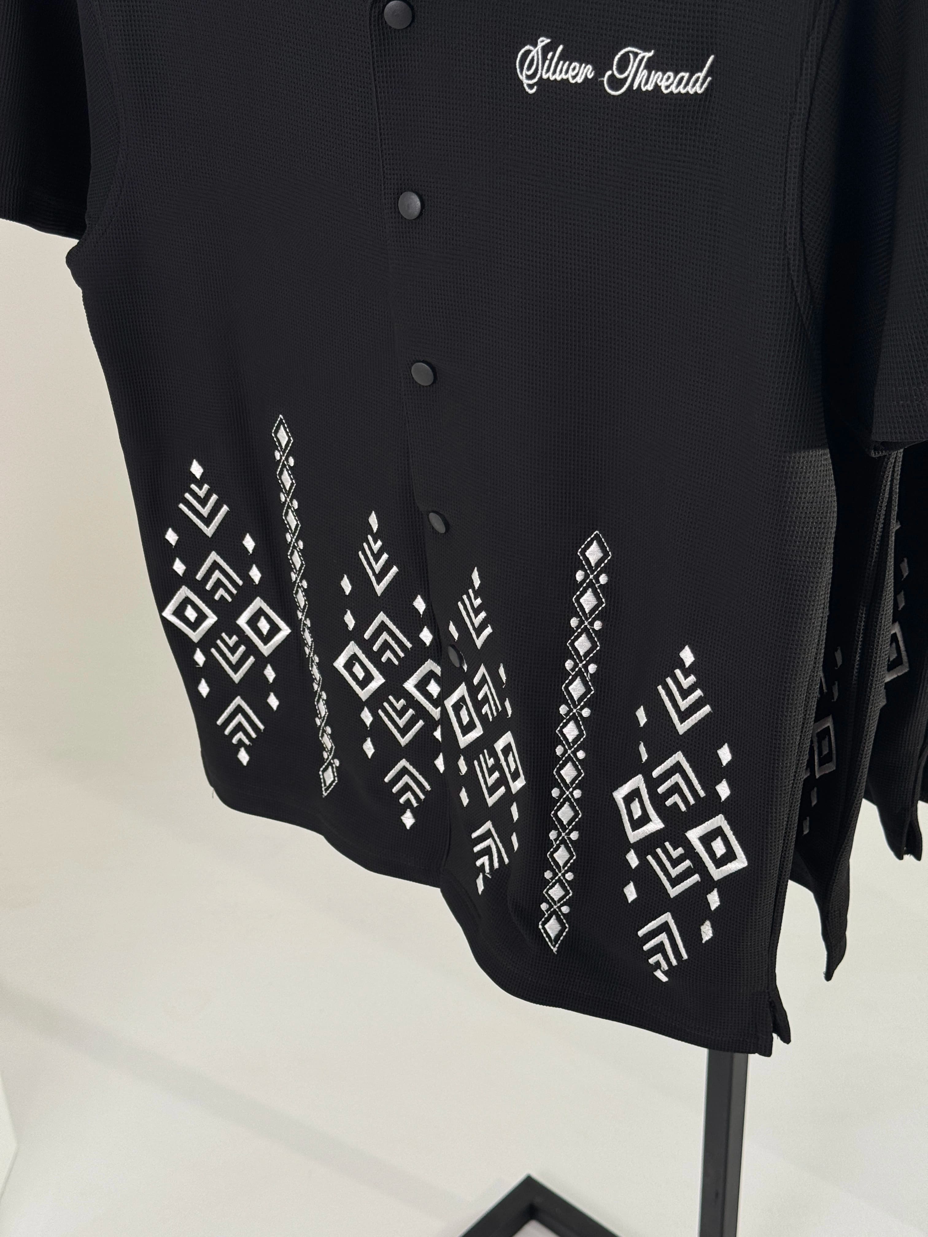 Half Sleeve Embroidered Boxy Shirt in Black