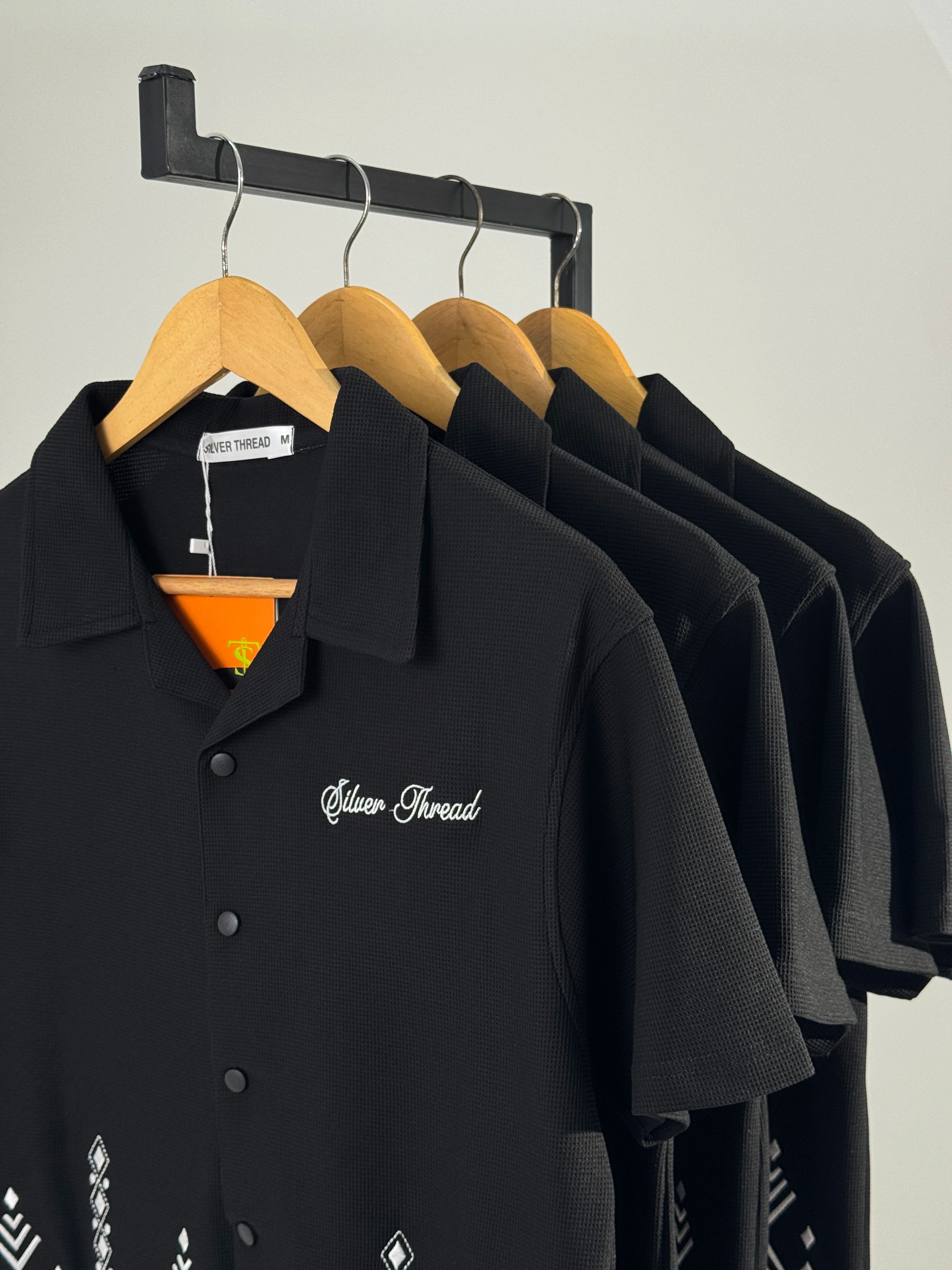Half Sleeve Embroidered Boxy Shirt in Black