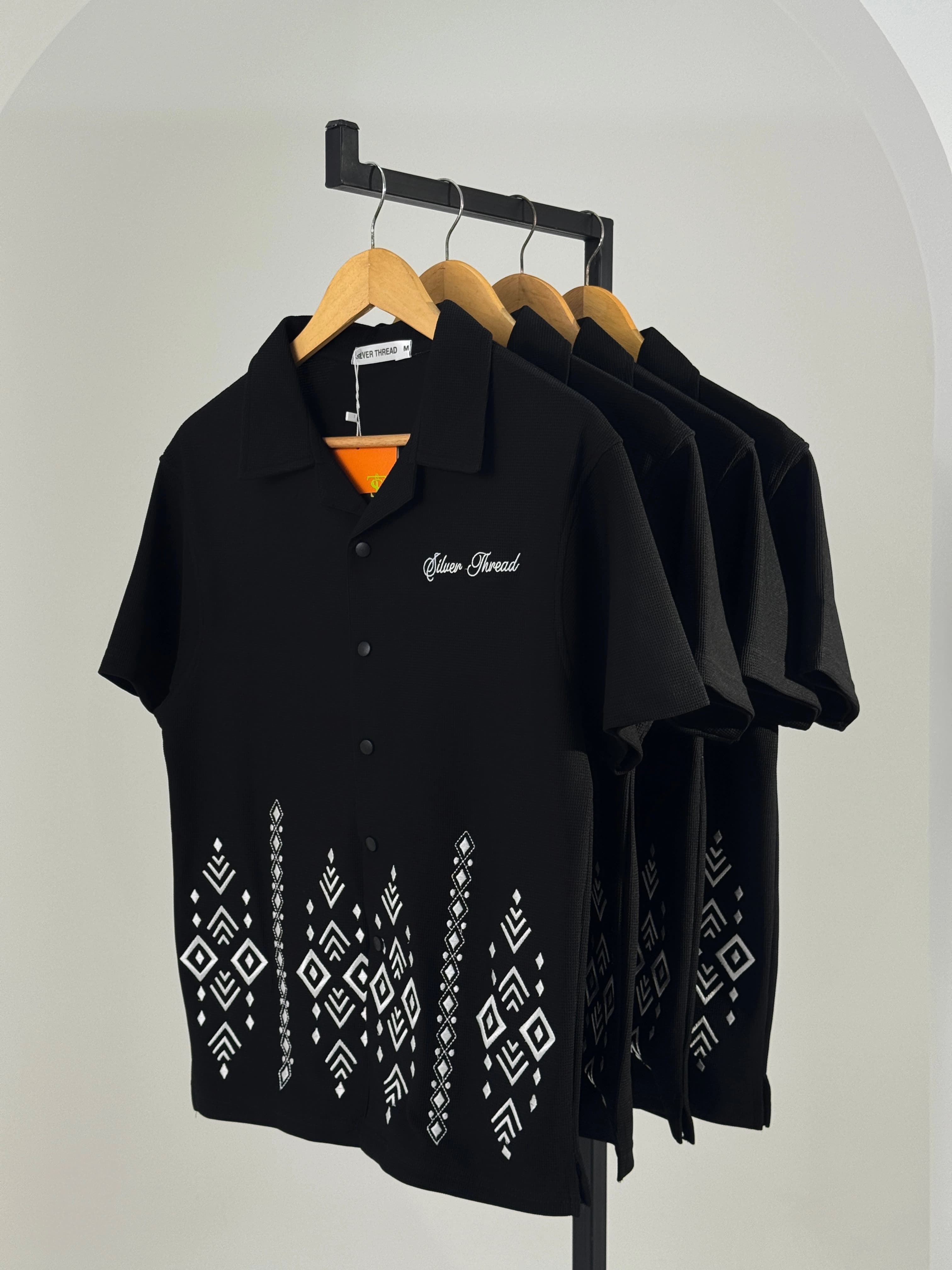 Half Sleeve Embroidered Boxy Shirt in Black